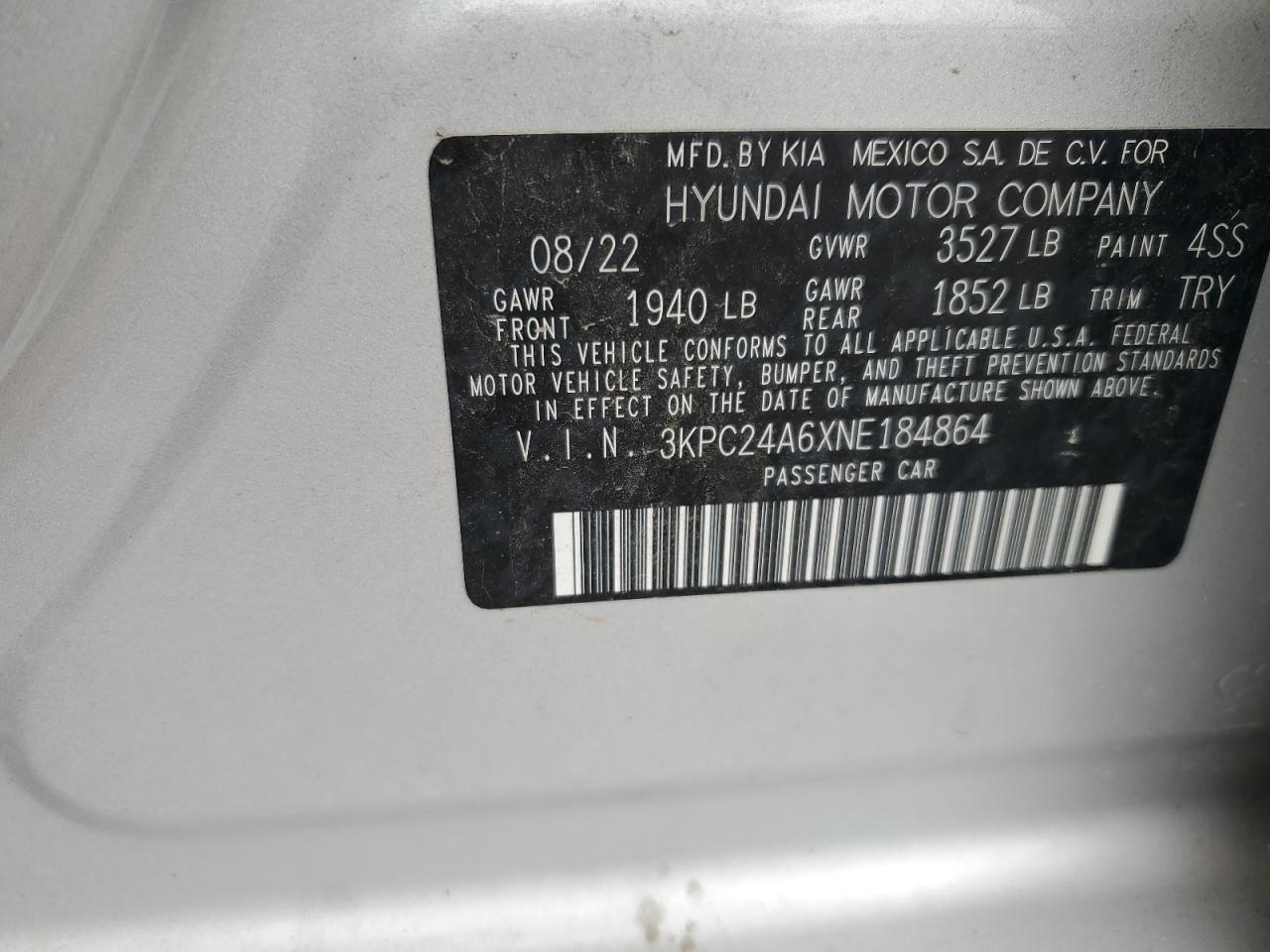 3KPC24A6XNE184864 2022 Hyundai Accent Se