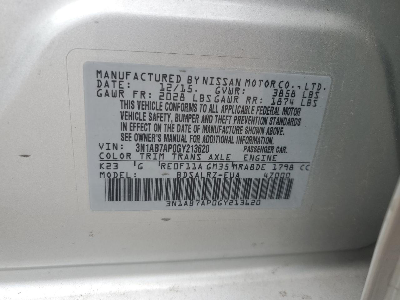 3N1AB7AP0GY213620 2016 Nissan Sentra S