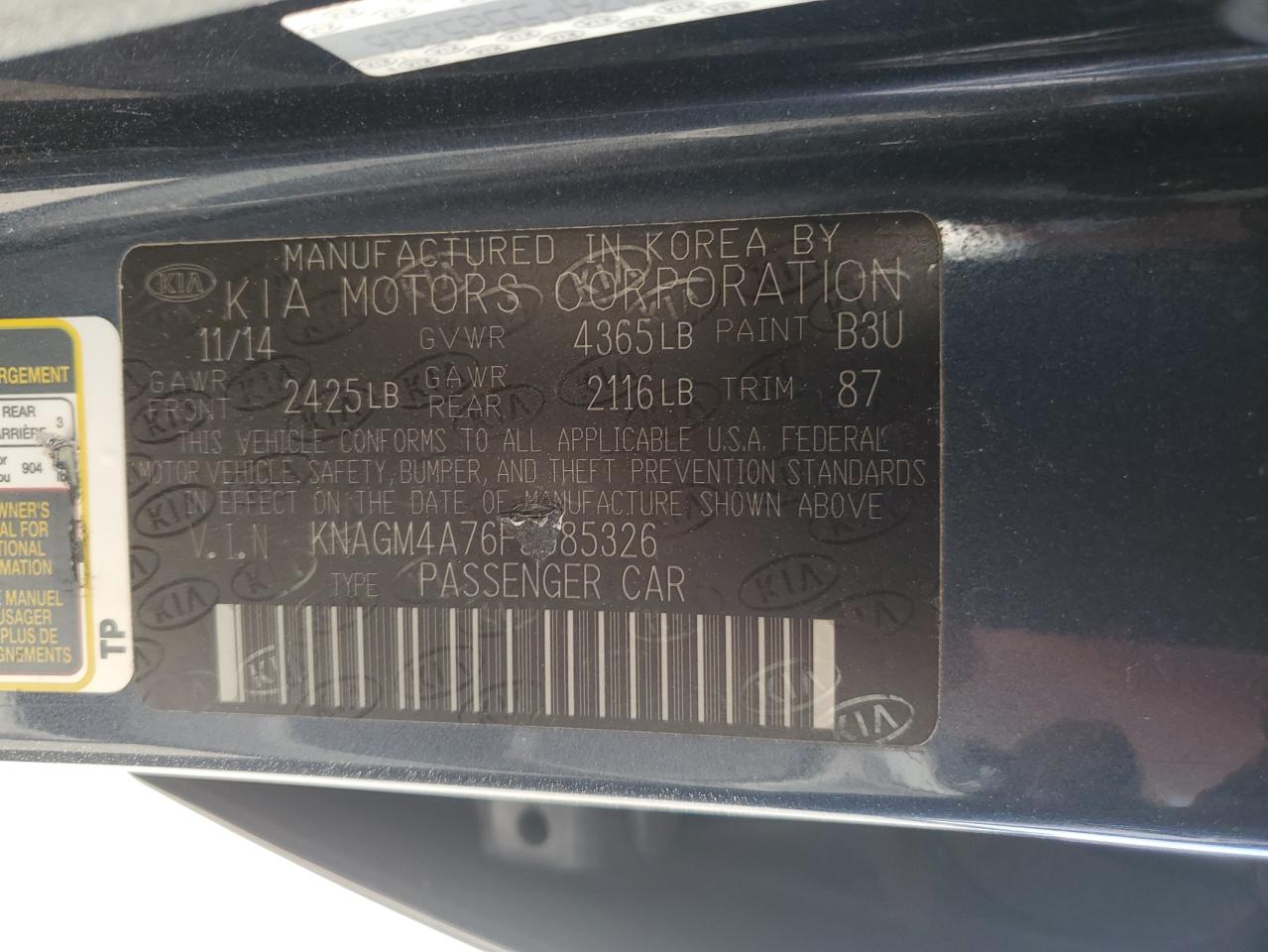 KNAGM4A76F5585326 2015 Kia Optima Lx