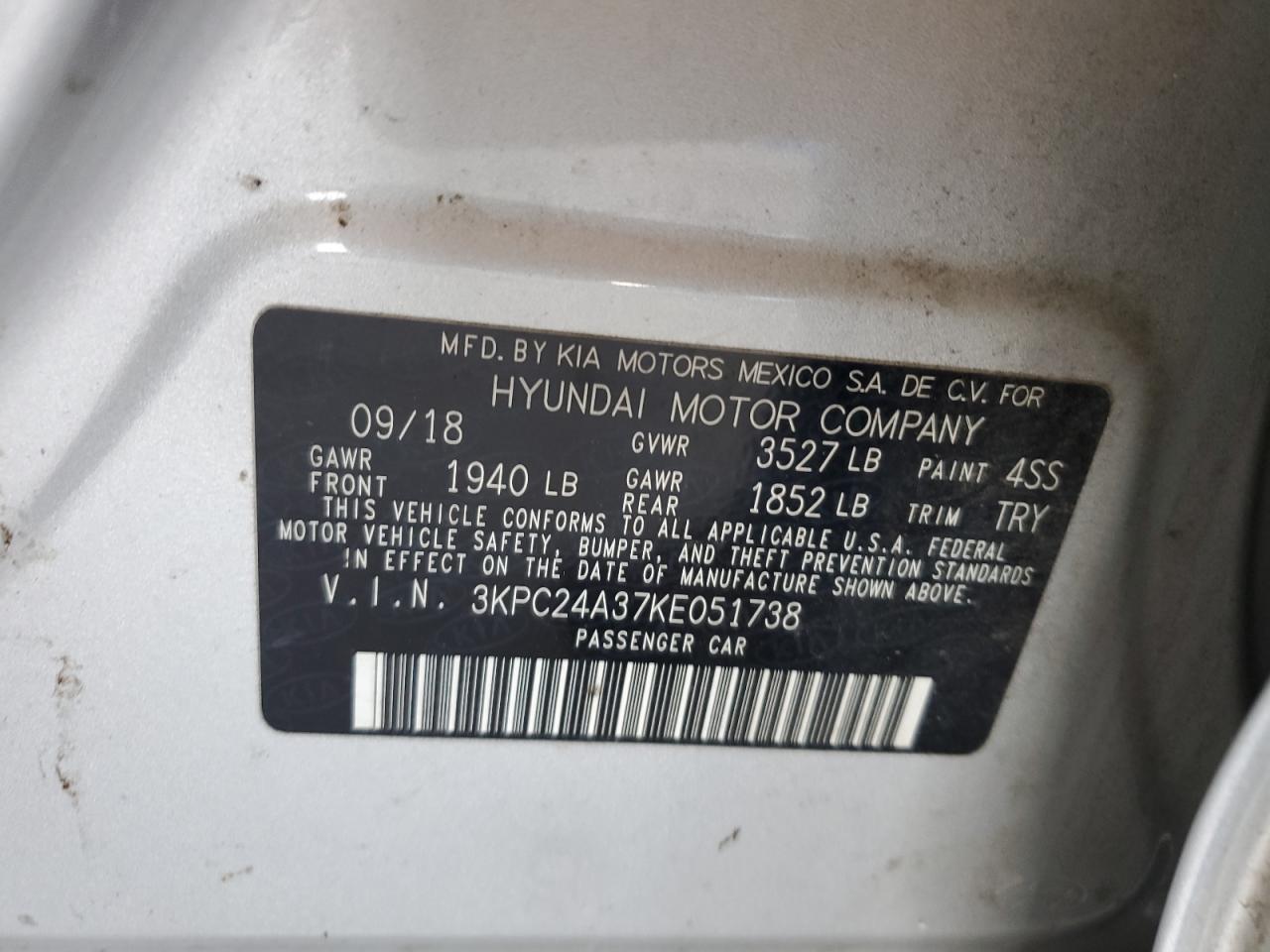 3KPC24A37KE051738 2019 Hyundai Accent Se