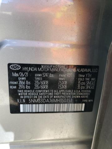 2021 Hyundai Santa Fe Sel VIN: 5NMS3DAJ6MH350351 Lot: 56127534