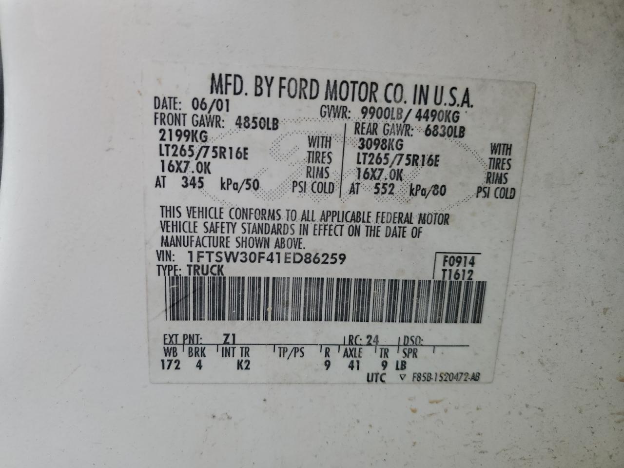 1FTSW30F41ED86259 2001 Ford F350 Srw Super Duty