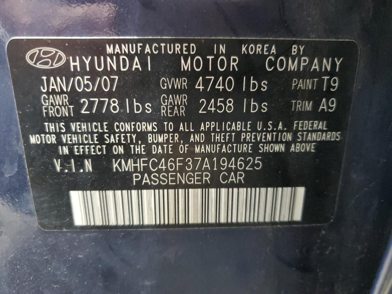 KMHFC46F37A194625 2007 Hyundai Azera Se