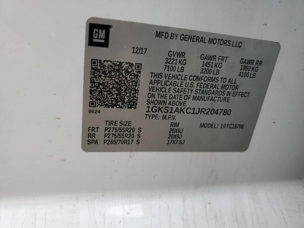 1GKS1AKC1JR204780 2018 GMC Yukon Sle