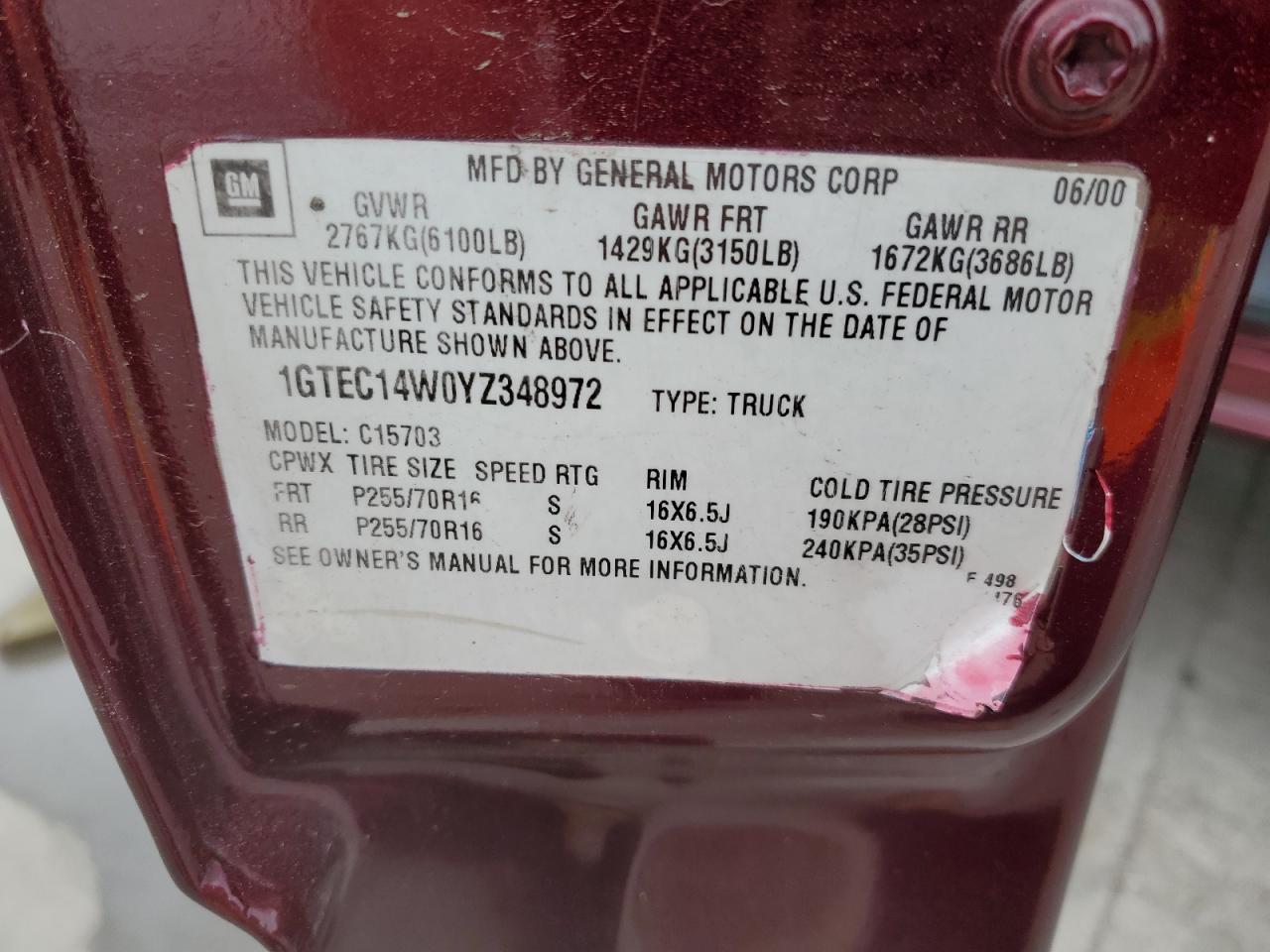 1GTEC14W0YZ348972 2000 GMC New Sierra C1500