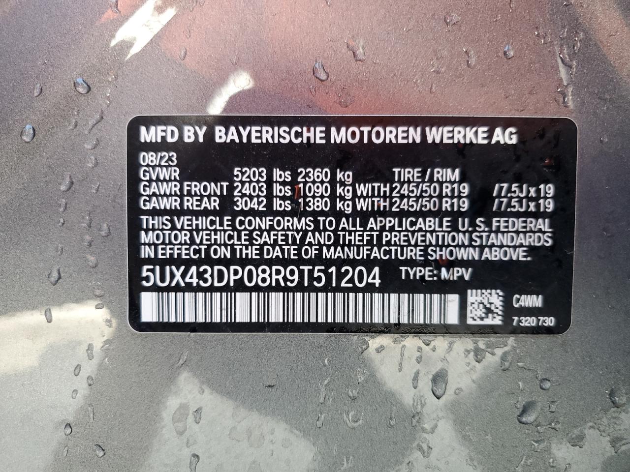 5UX43DP08R9T51204 2024 BMW X3 Sdrive30I