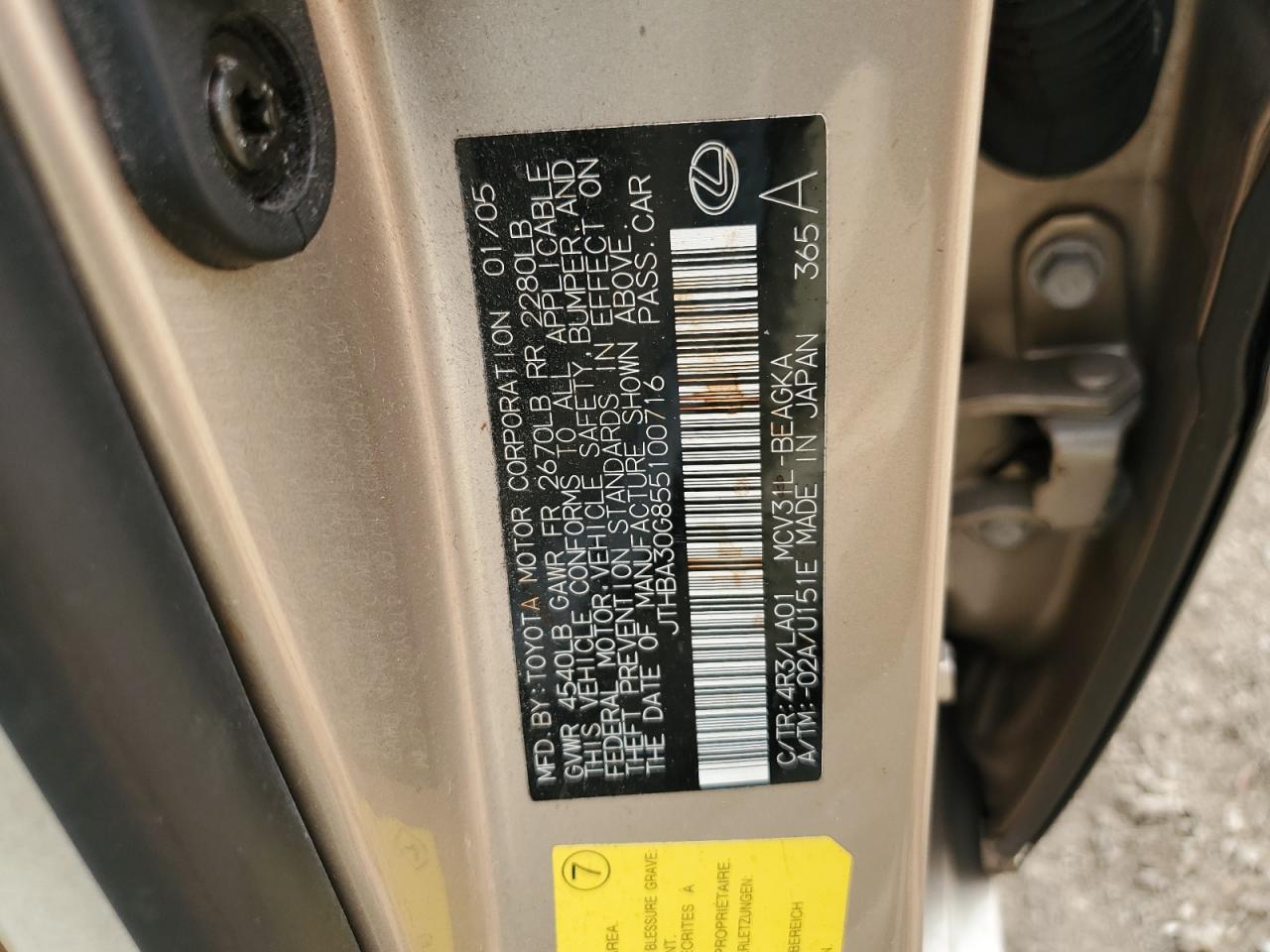 JTHBA30G855100716 2005 Lexus Es 330