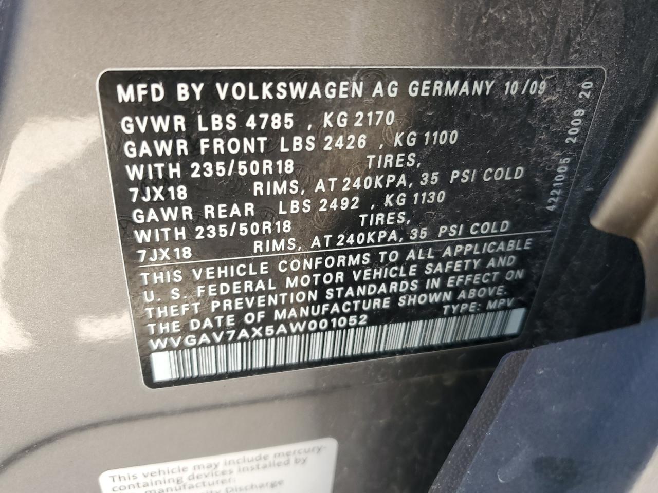 WVGAV7AX5AW001052 2010 Volkswagen Tiguan S