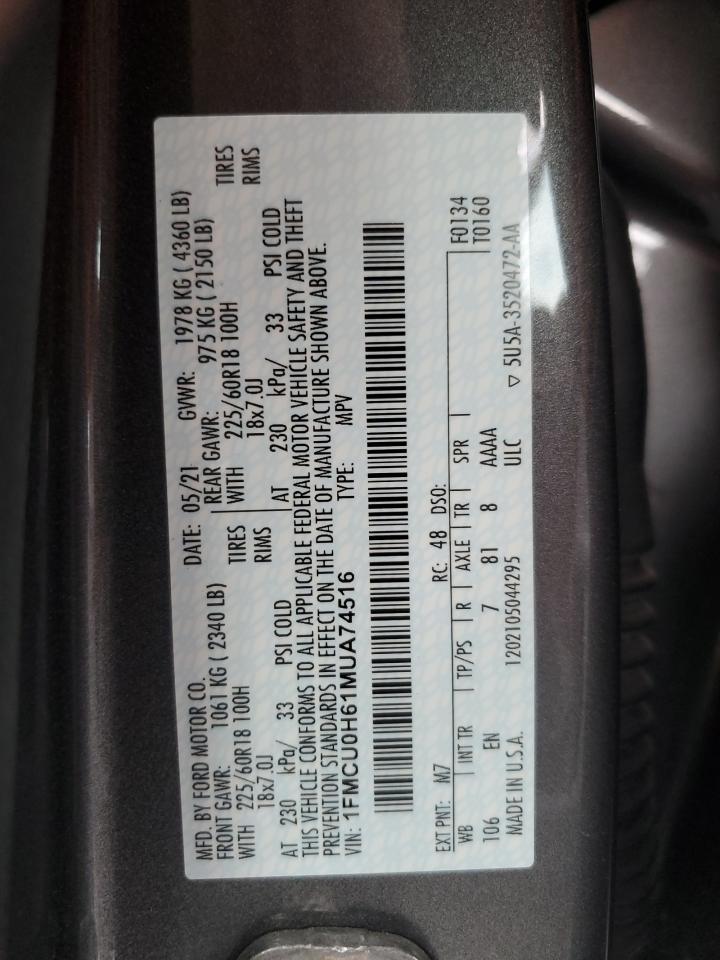 1FMCU0H61MUA74516 2021 Ford Escape Sel