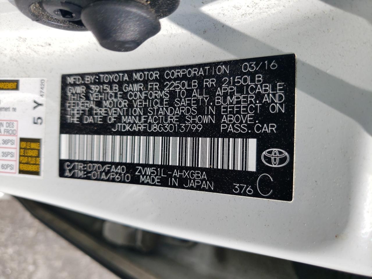 JTDKARFU8G3013799 2016 Toyota Prius