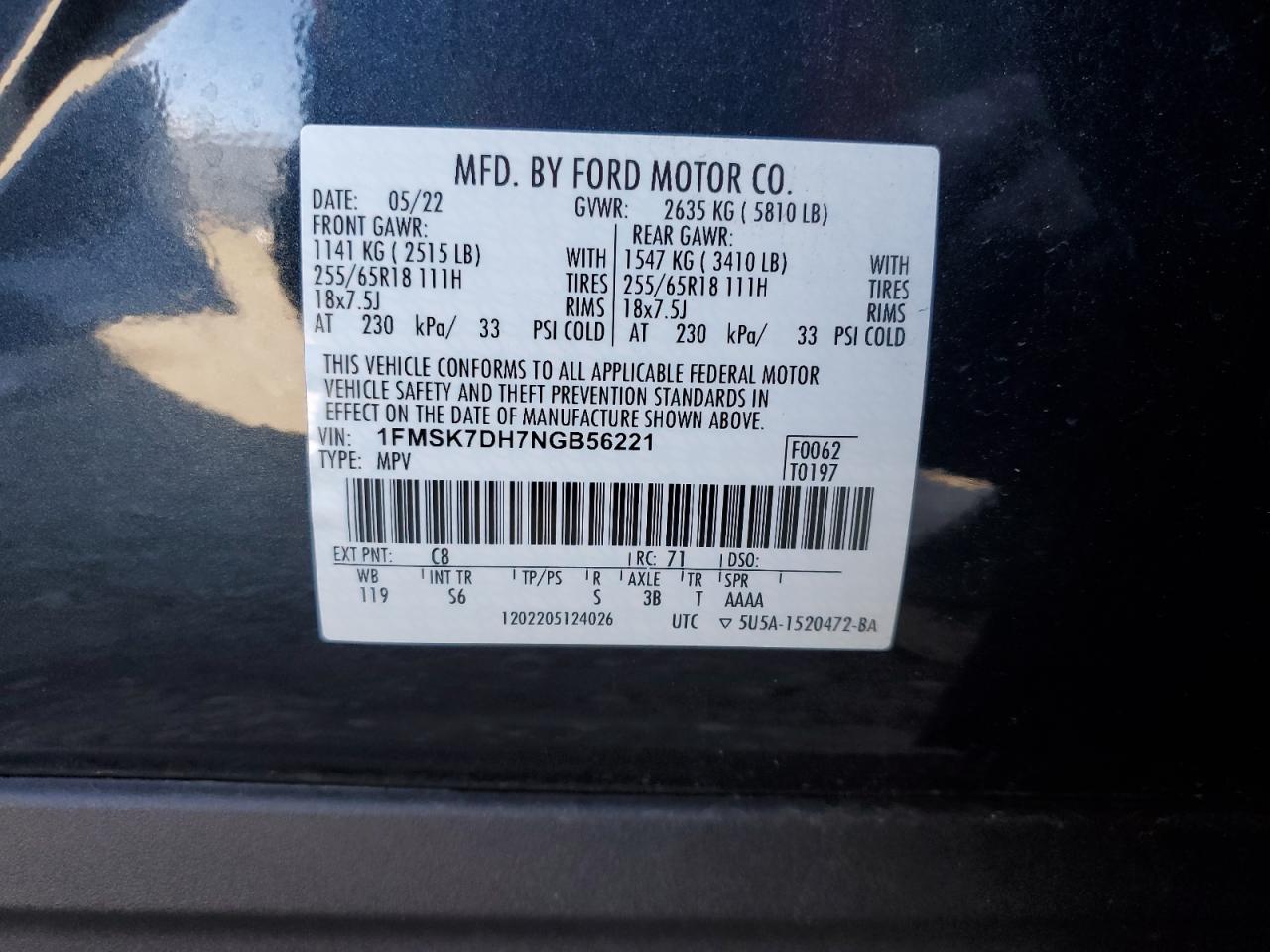 1FMSK7DH7NGB56221 2022 Ford Explorer Xlt