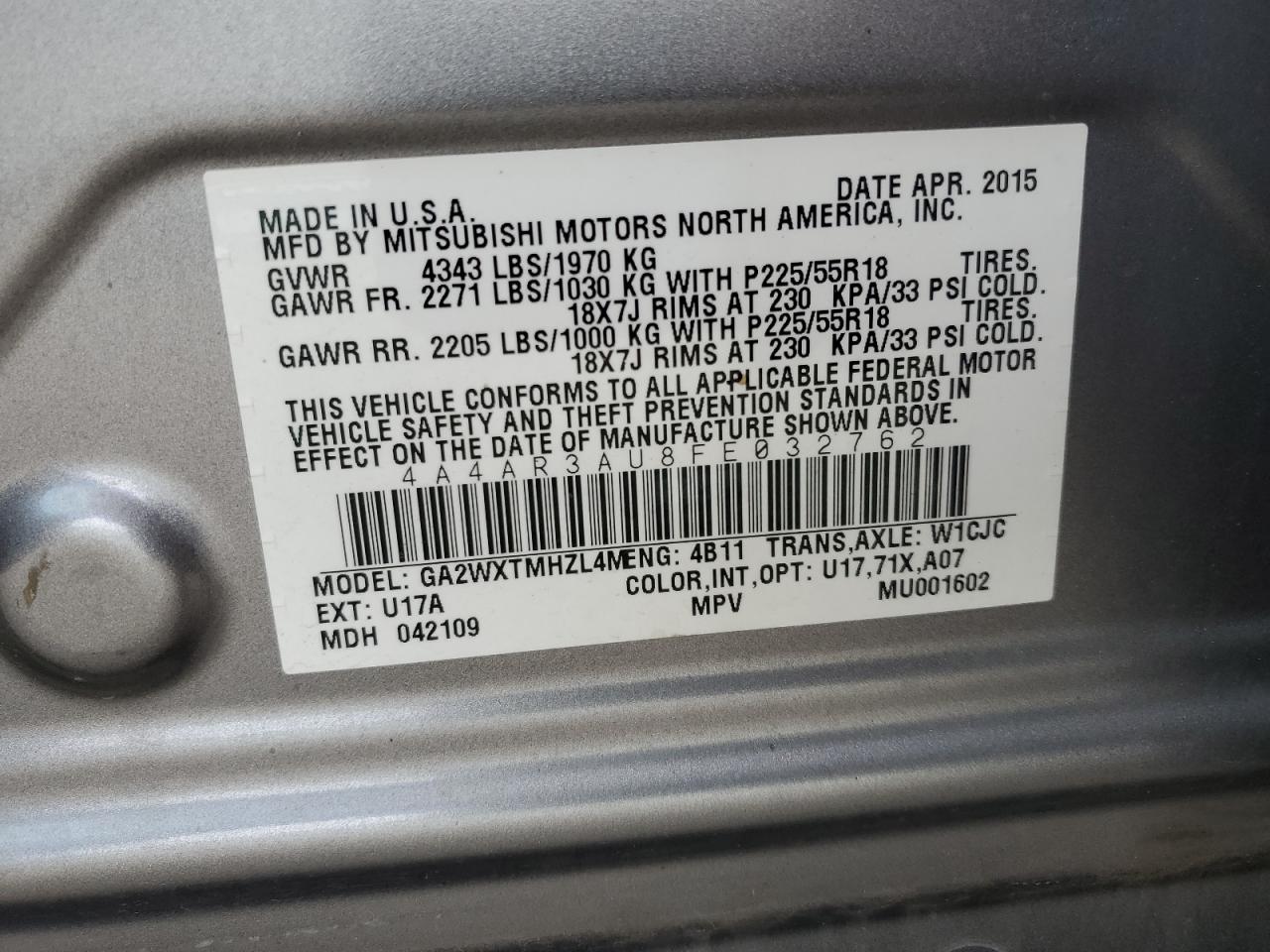 4A4AR3AU8FE032762 2015 Mitsubishi Outlander Sport Es