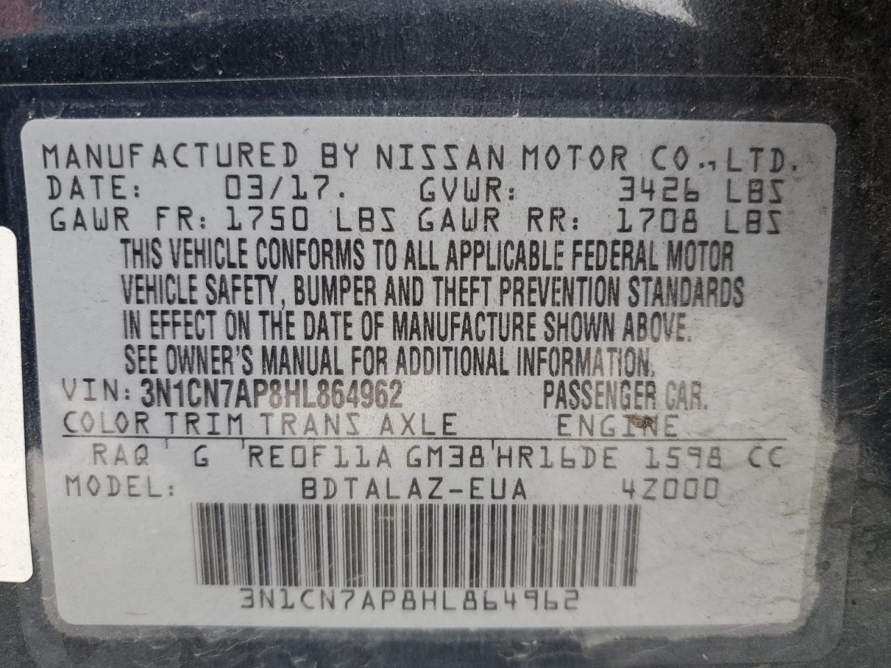 3N1CN7AP8HL864962 2017 Nissan Versa S