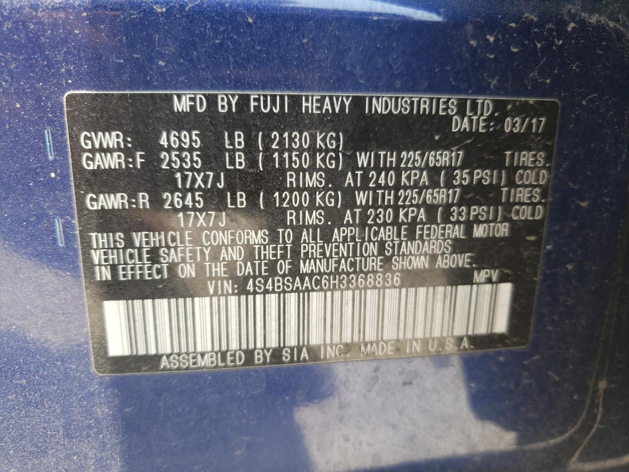 4S4BSAAC6H3368836 2017 Subaru Outback 2.5I