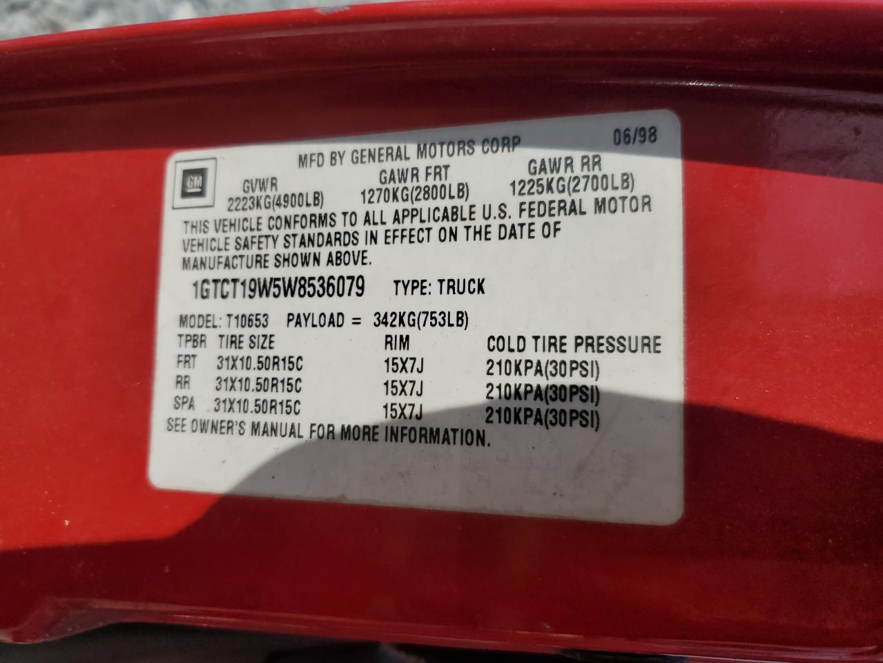 1GTCT19W5W8536079 1998 GMC Sonoma