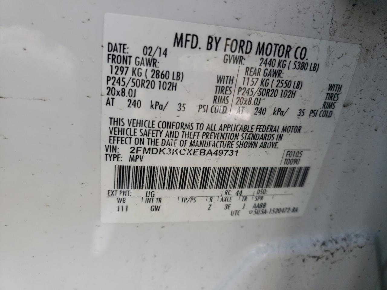 2FMDK3KCXEBA49731 2014 Ford Edge Limited