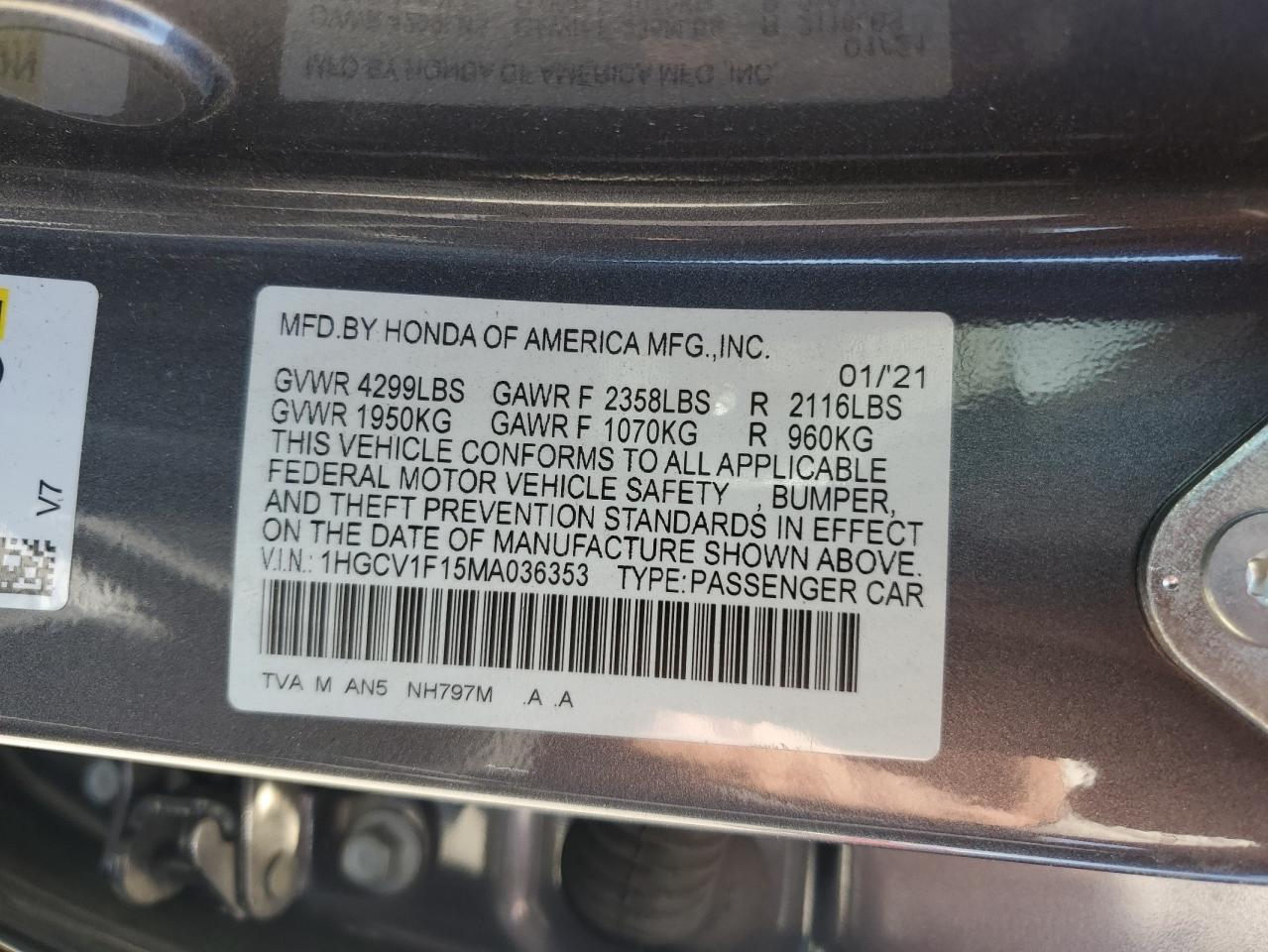 1HGCV1F15MA036353 2021 Honda Accord Lx