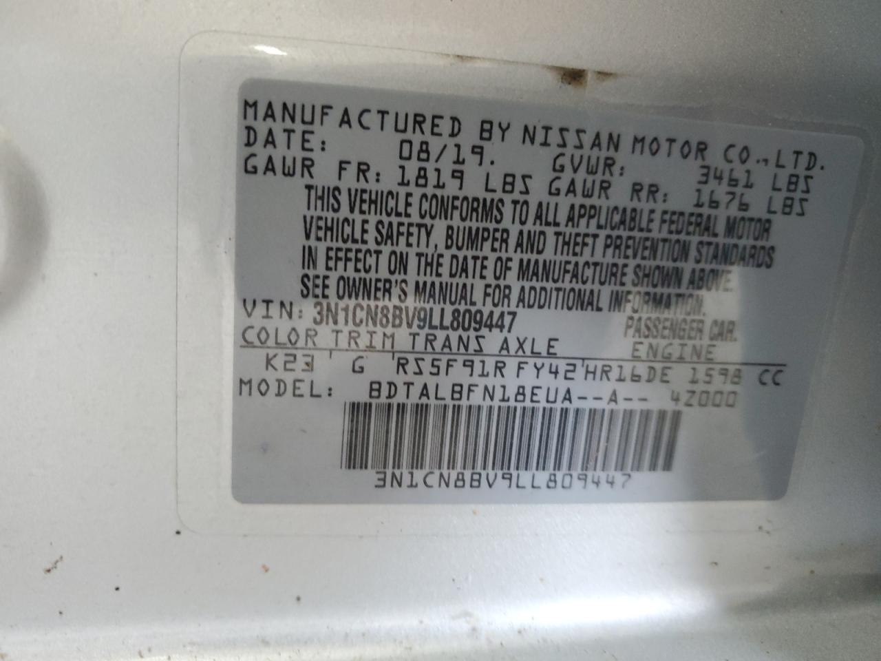 3N1CN8BV9LL809447 2020 Nissan Versa S