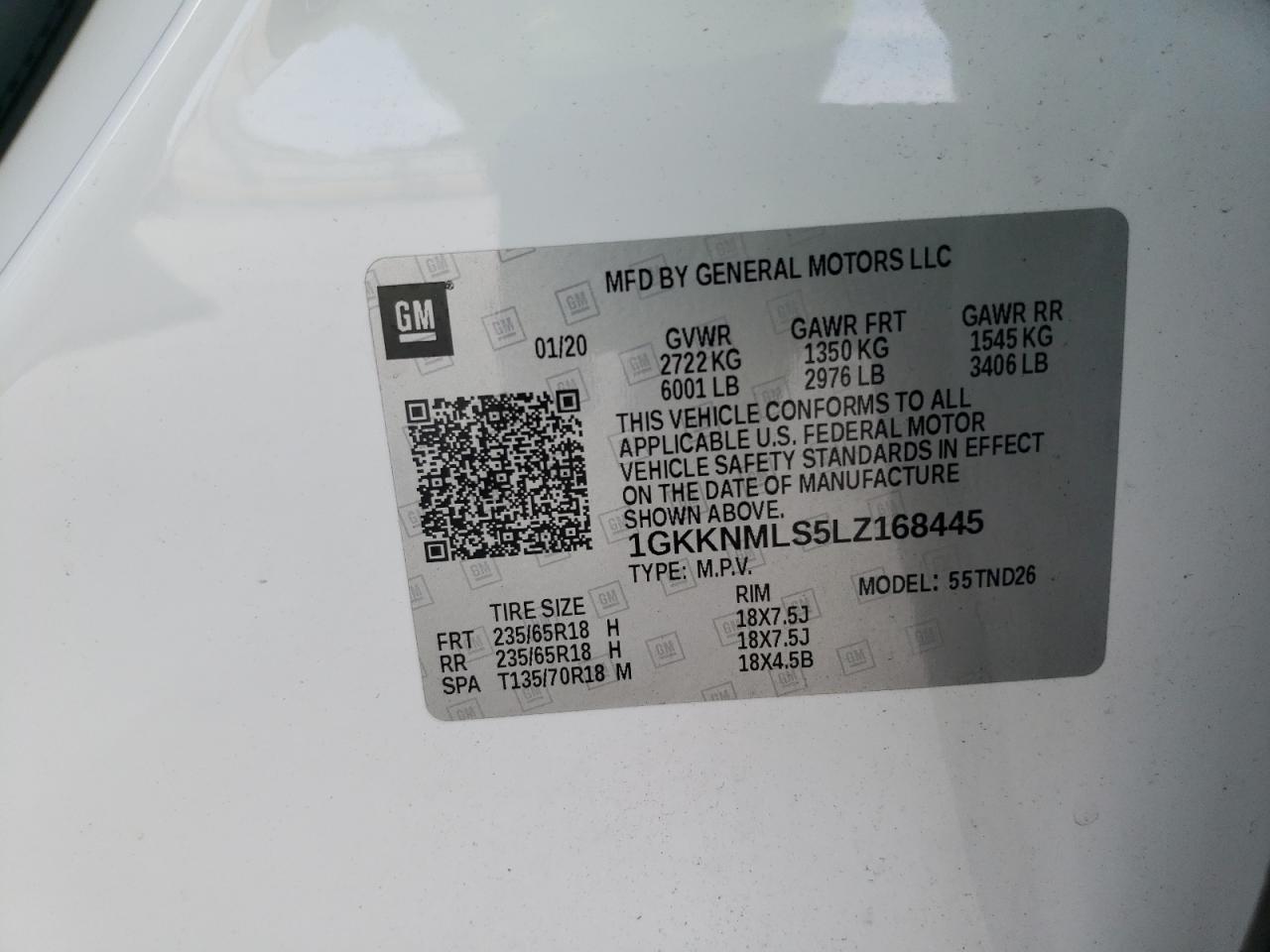 1GKKNMLS5LZ168445 2020 GMC Acadia Slt