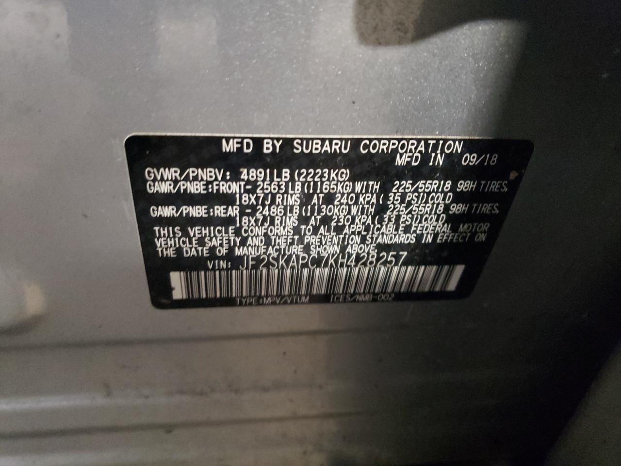 JF2SKAPC7KH428257 2019 Subaru Forester Sport