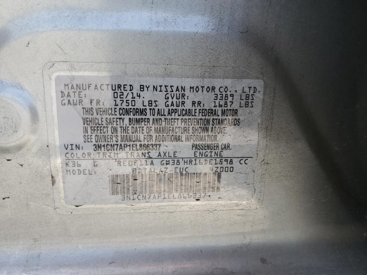 3N1CN7AP1EL866337 2014 Nissan Versa S