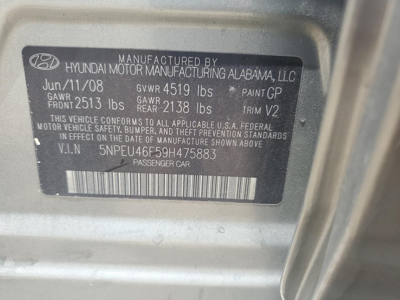 5NPEU46F59H475883 2009 Hyundai Sonata Se