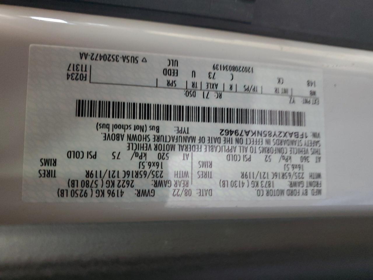 1FBAX2Y85NKA79462 2022 Ford Transit T-350