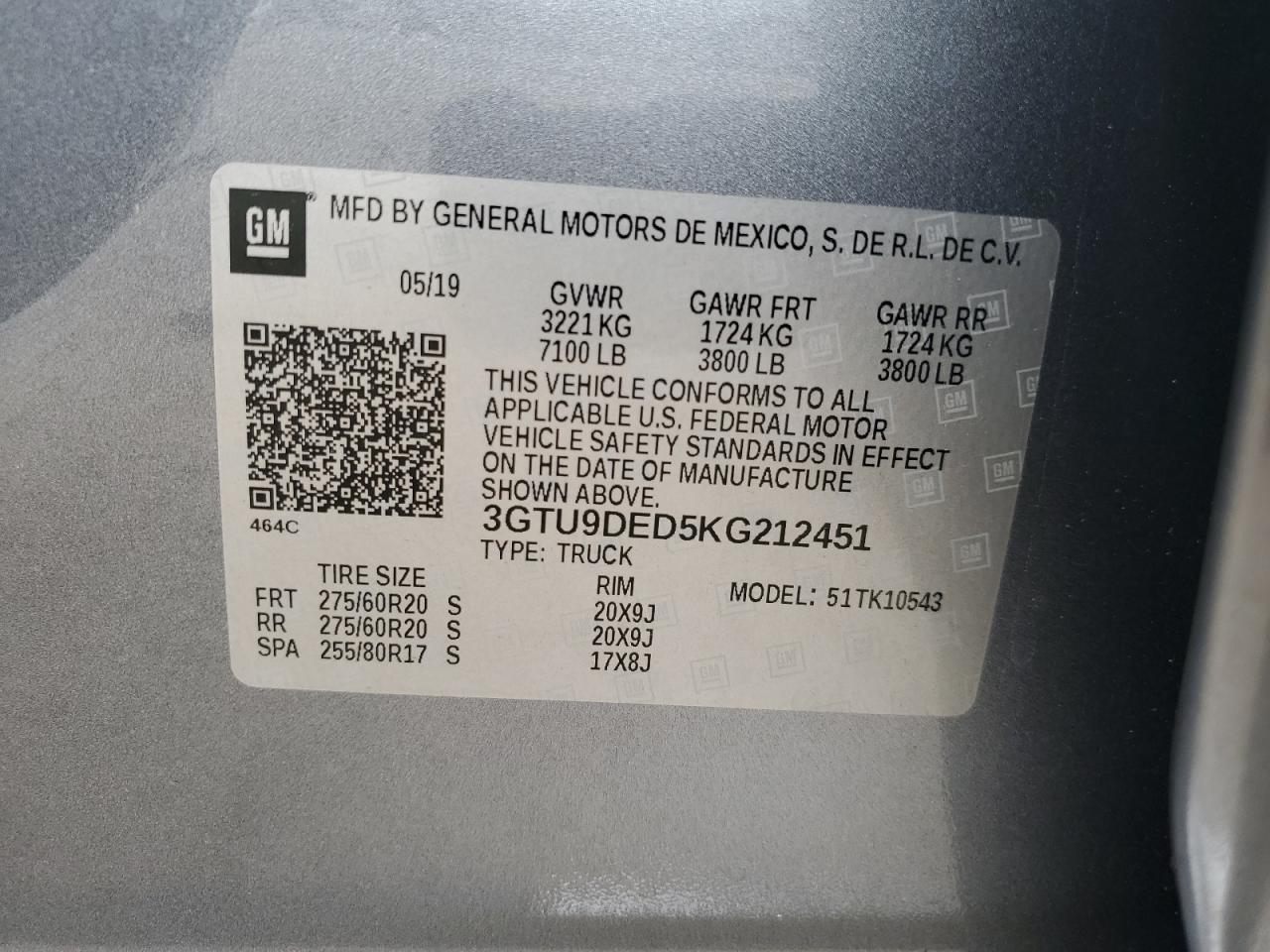 3GTU9DED5KG212451 2019 GMC Sierra K1500 Slt