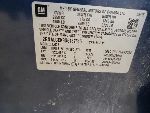 2016 Chevrolet Equinox Lt VIN: 2GNALCEK9G6137616 Lot: 54366034