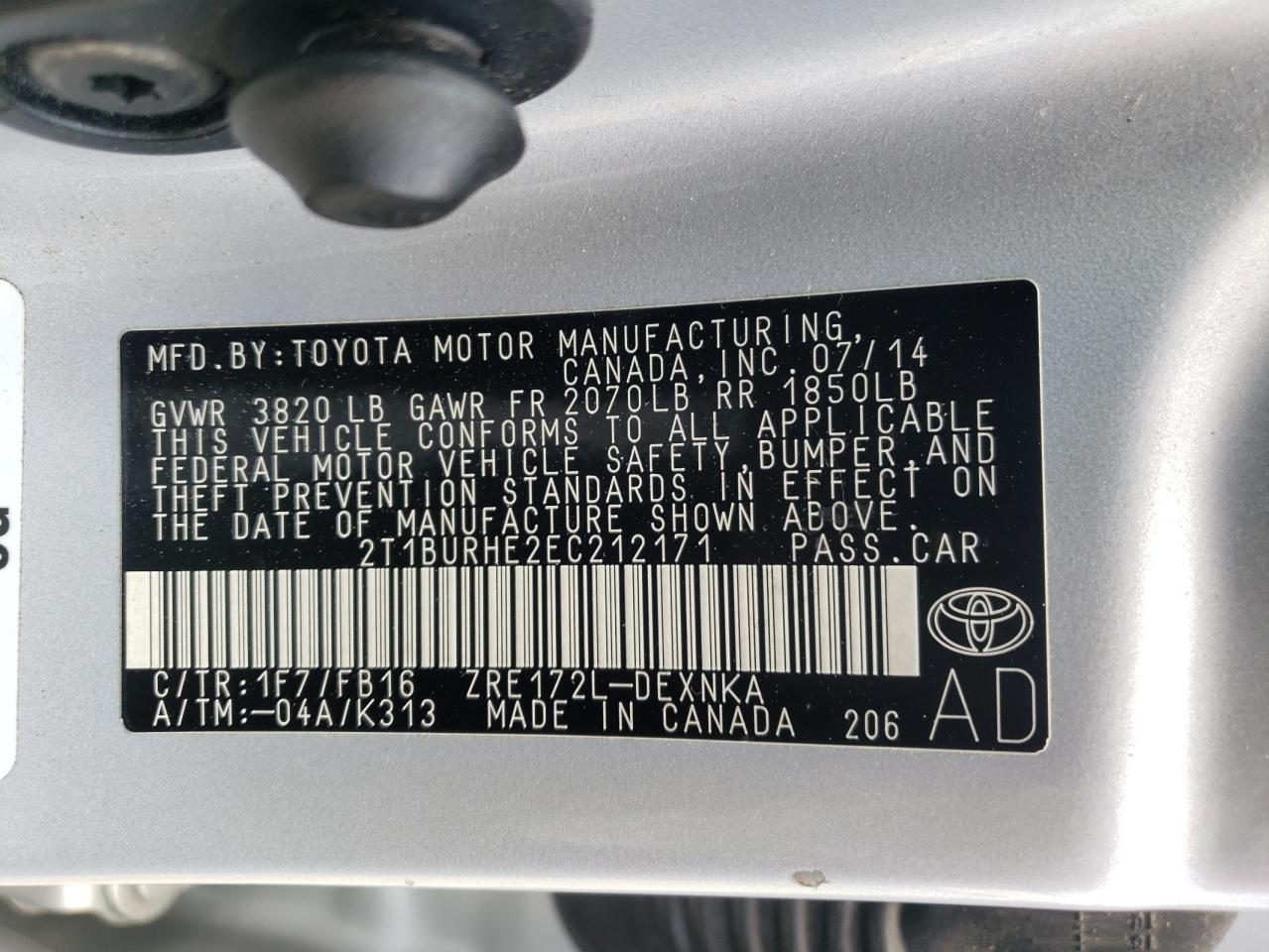 2T1BURHE2EC212171 2014 Toyota Corolla L