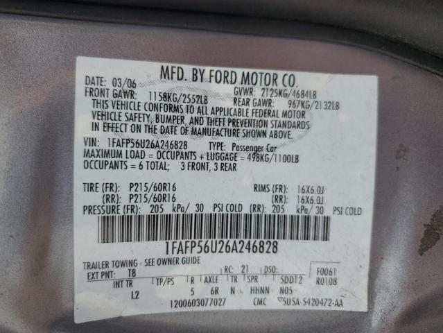 2006 Ford Taurus Sel VIN: 1FAFP56U26A246828 Lot: 56035924