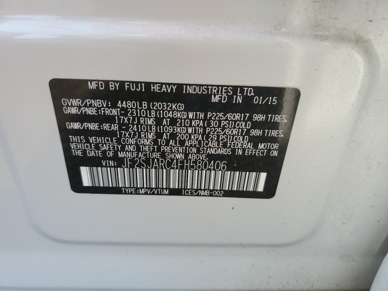 JF2SJARC4FH580406 2015 Subaru Forester 2.5I Limited