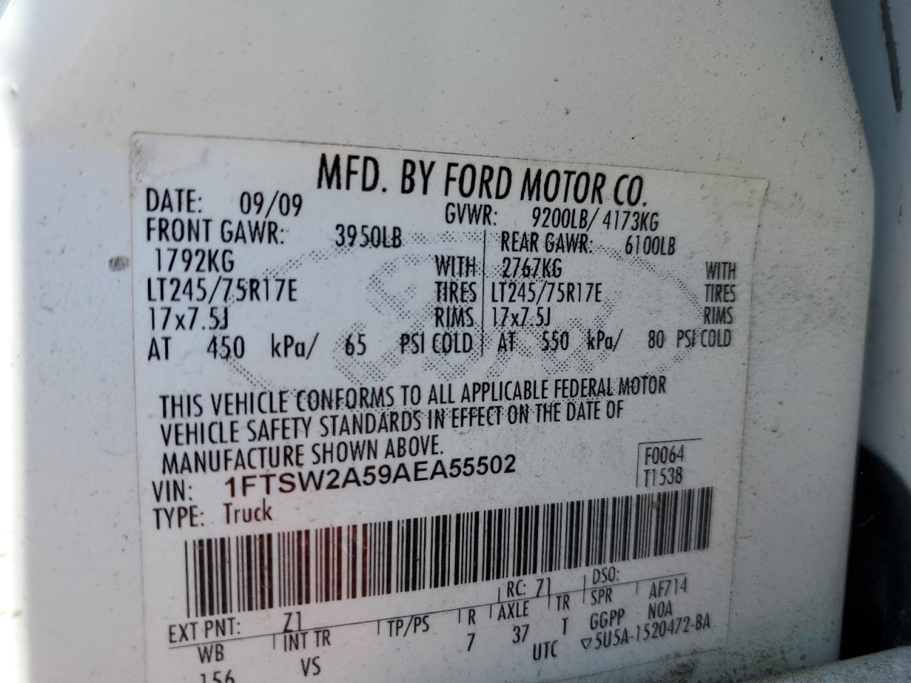 1FTSW2A59AEA55502 2010 Ford F250 Super Duty