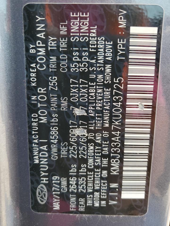 KM8J33A47KU043725 2019 Hyundai Tucson Limited