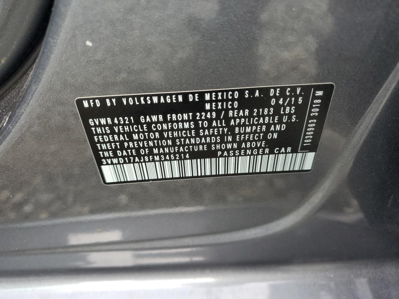 3VWD17AJ8FM345214 2015 Volkswagen Jetta Se