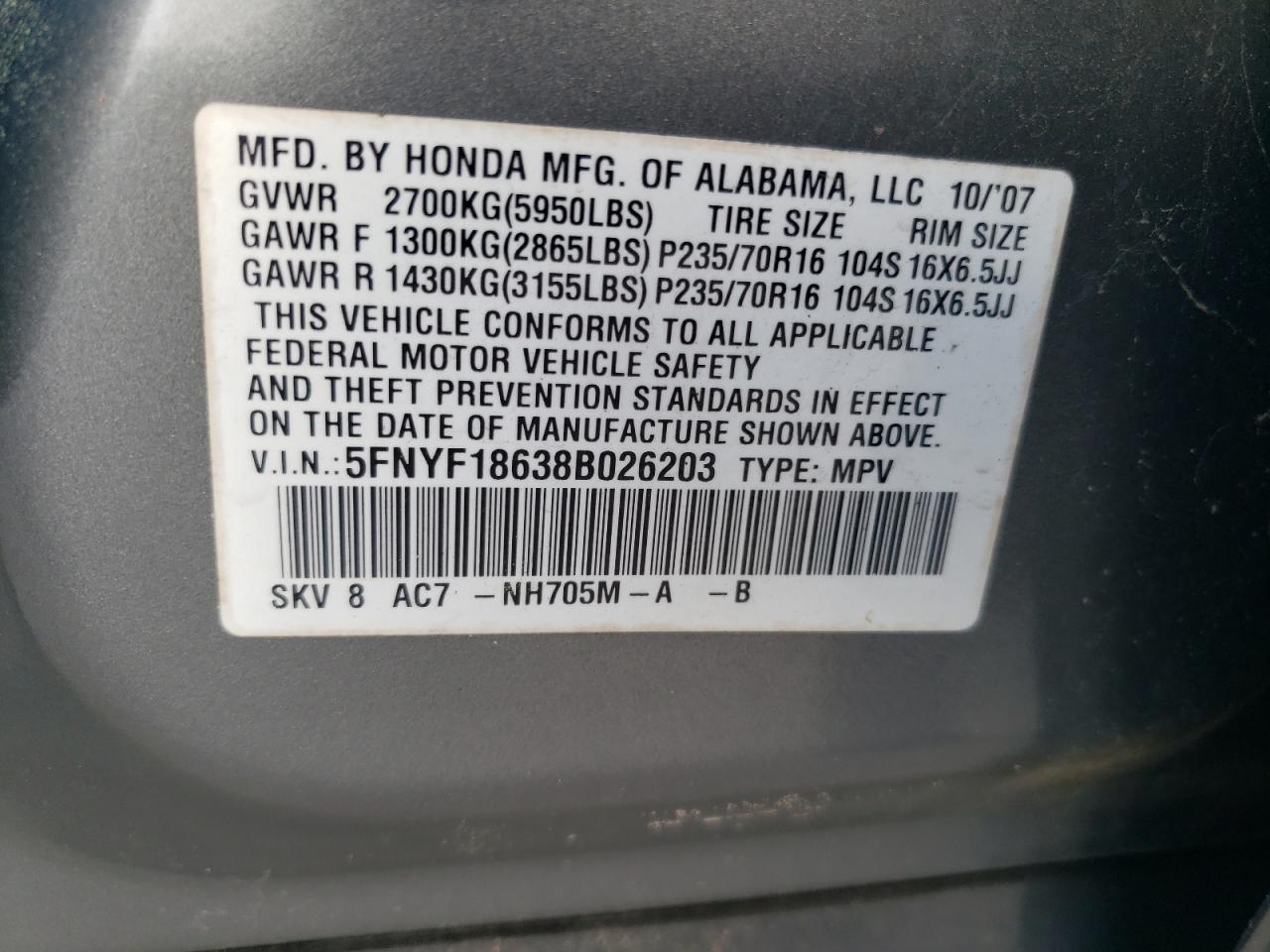 5FNYF18638B026203 2008 Honda Pilot Exl