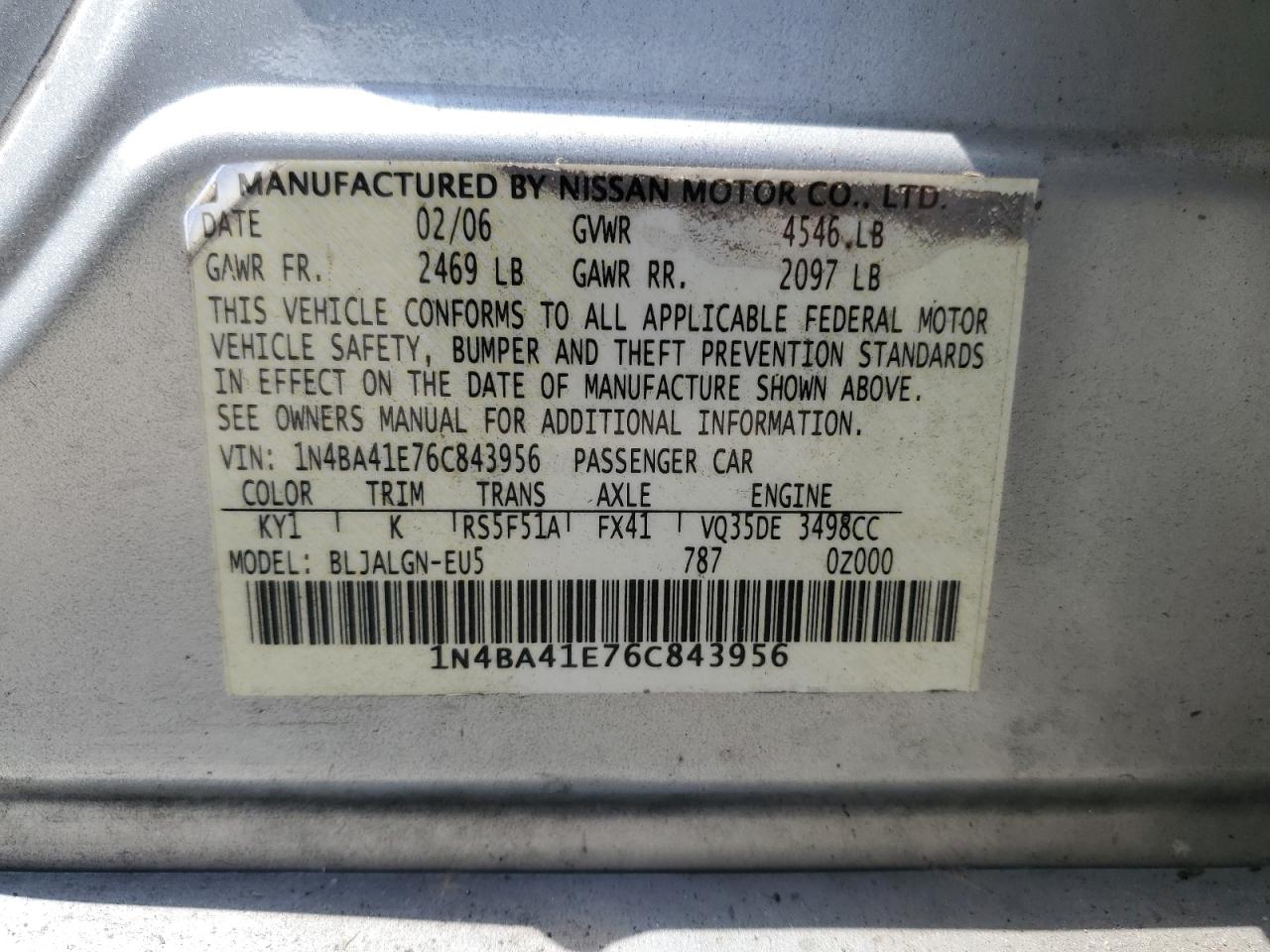 1N4BA41E76C843956 2006 Nissan Maxima Se