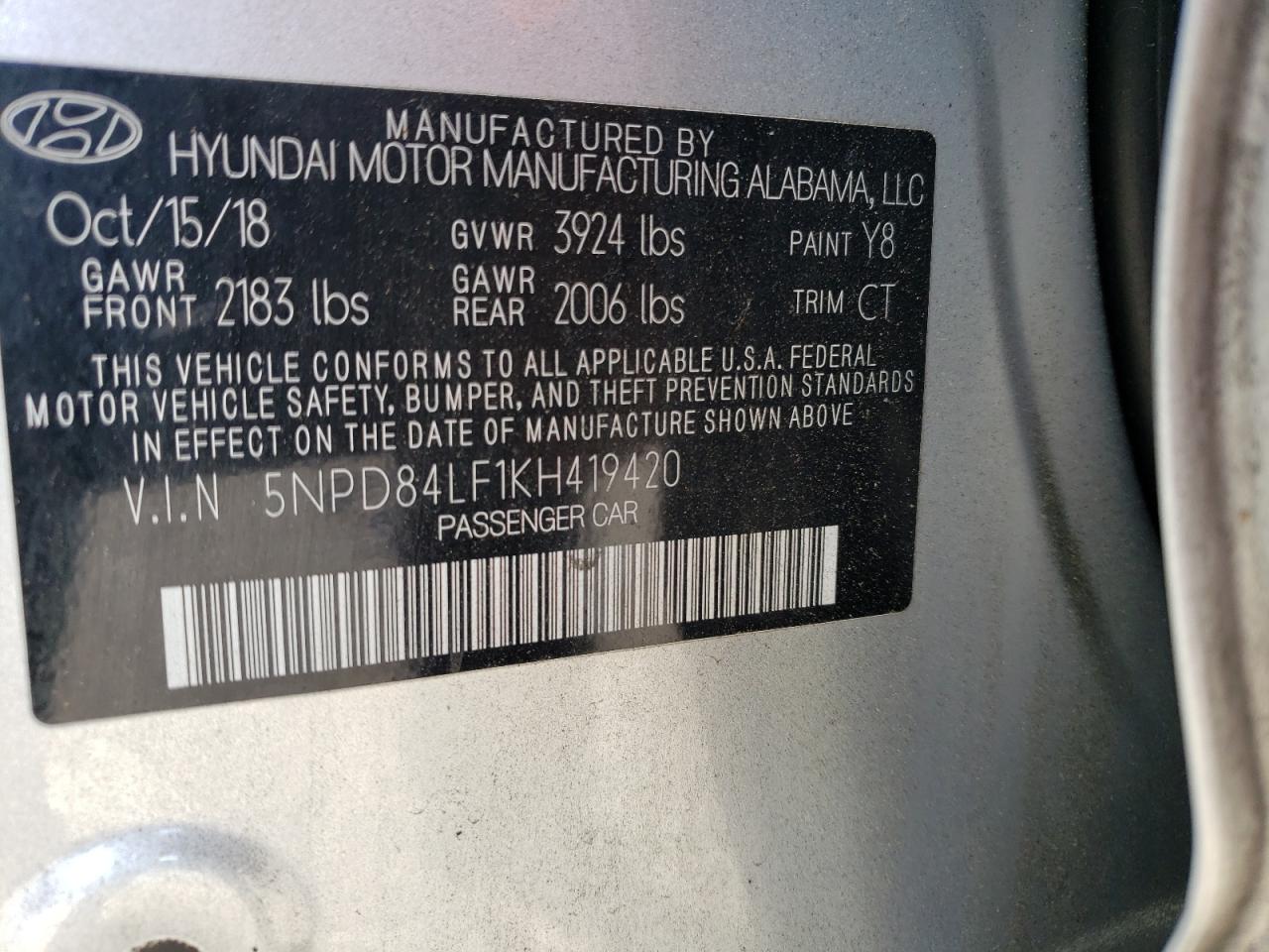 5NPD84LF1KH419420 2019 Hyundai Elantra Sel