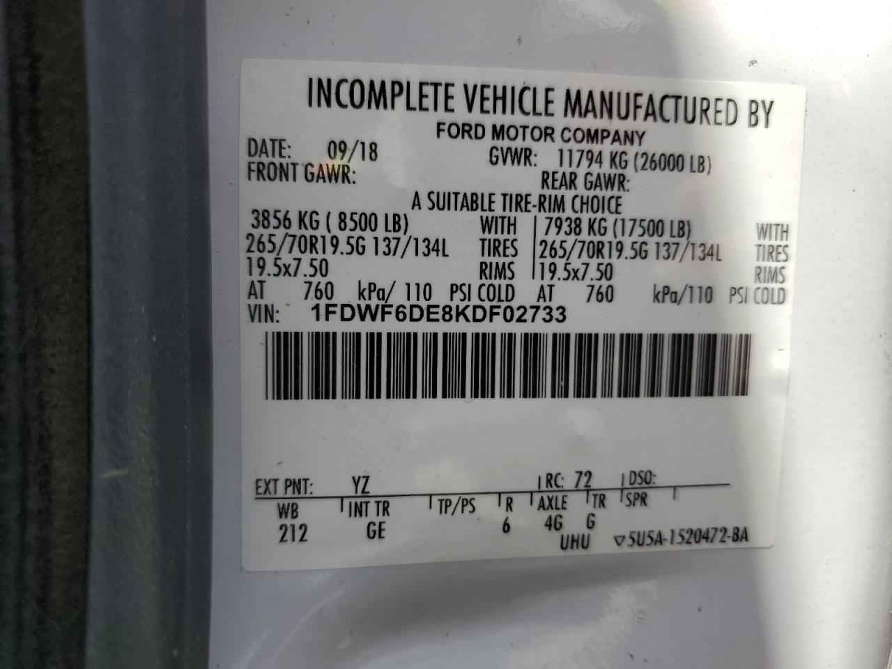 VIN: 1FDWF6DE8KDF02733 2019 FORD F650