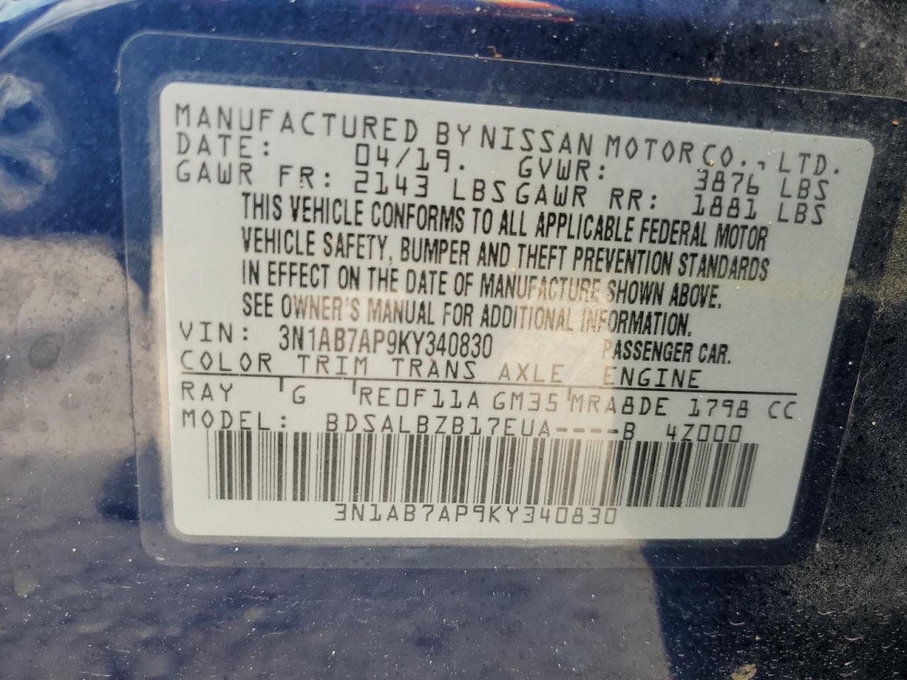 3N1AB7AP9KY340830 2019 Nissan Sentra S