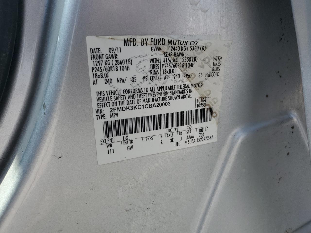 2FMDK3KC1CBA20003 2012 Ford Edge Limited