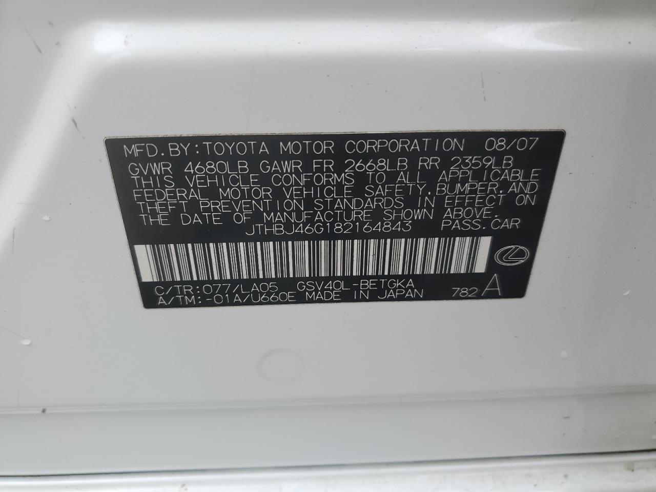 JTHBJ46G182164843 2008 Lexus Es 350