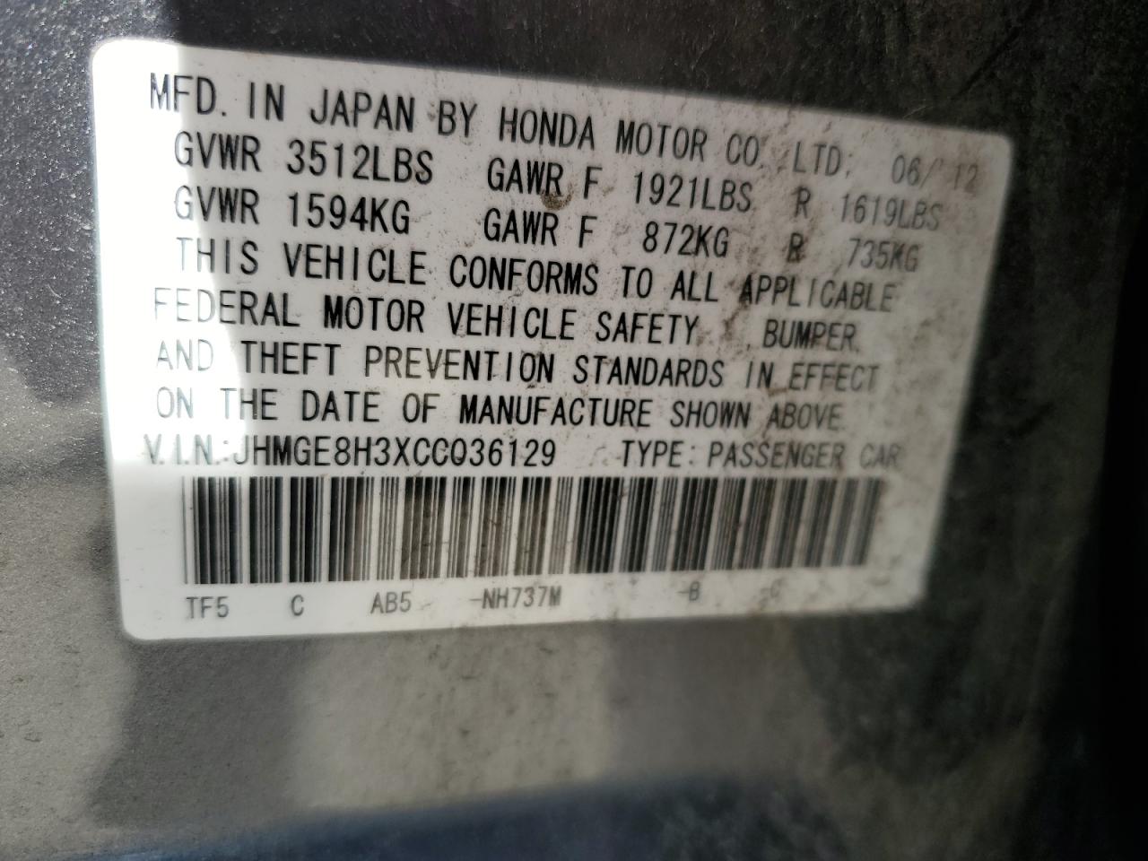 JHMGE8H3XCC036129 2012 Honda Fit