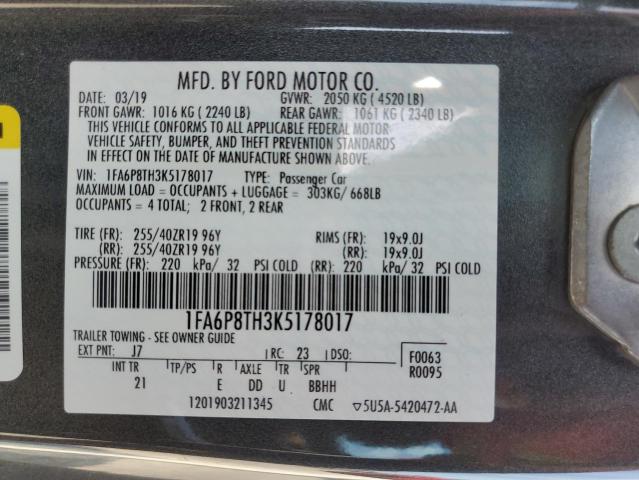 2019 Ford Mustang VIN: 1FA6P8TH3K5178017 Lot: 56911854