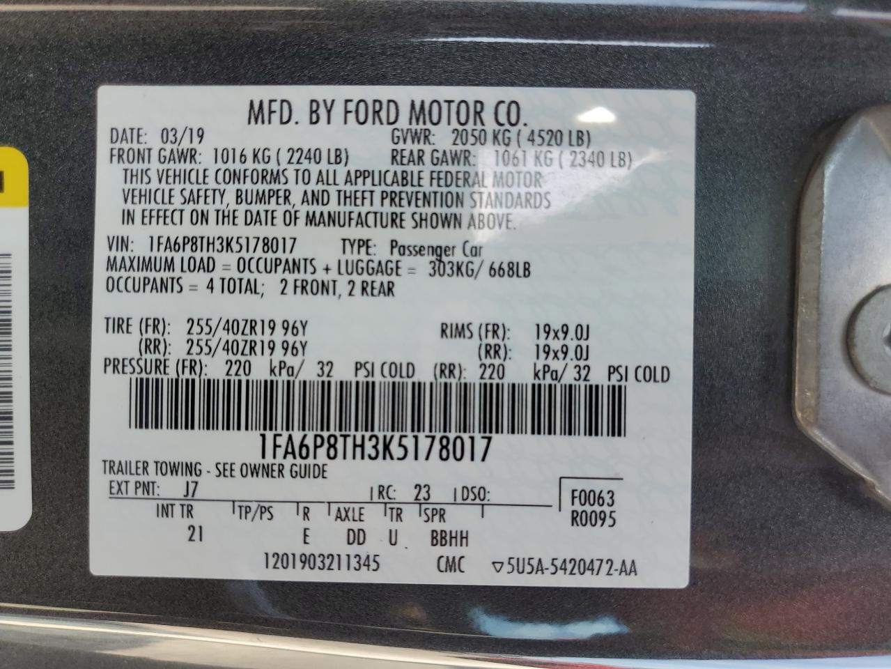 1FA6P8TH3K5178017 2019 Ford Mustang