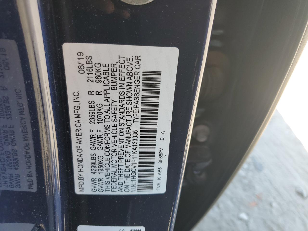 1HGCV1F11KA133336 2019 Honda Accord Lx