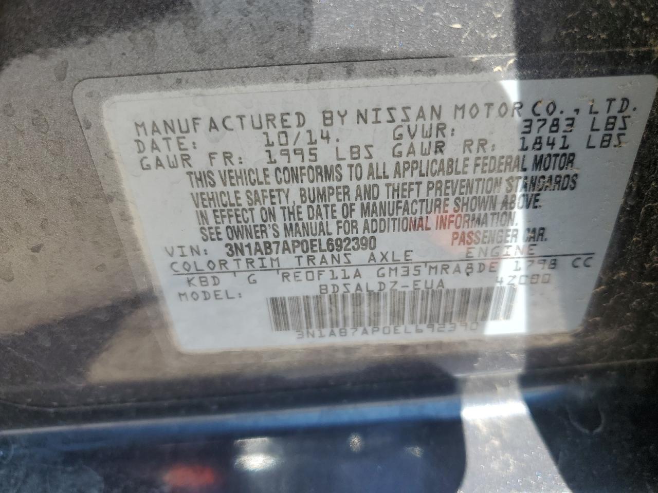 3N1AB7AP0EL692390 2014 Nissan Sentra S