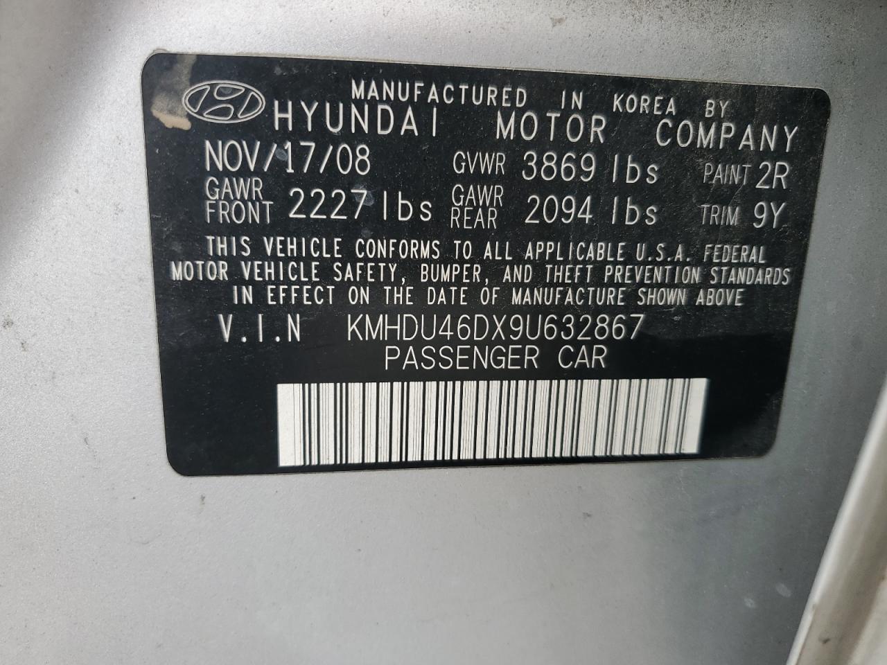 KMHDU46DX9U632867 2009 Hyundai Elantra Gls