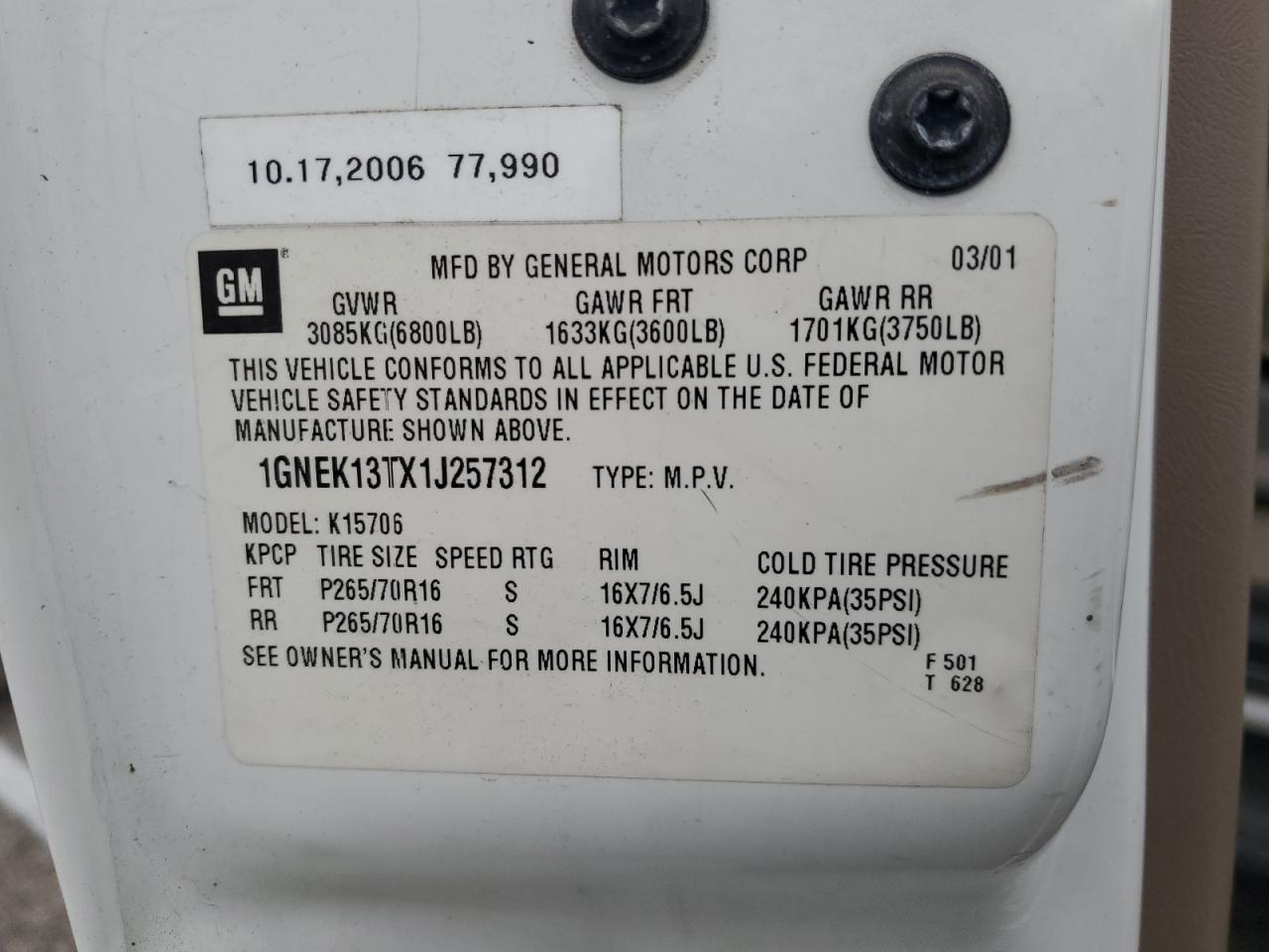 1GNEK13TX1J257312 2001 Chevrolet Tahoe K1500