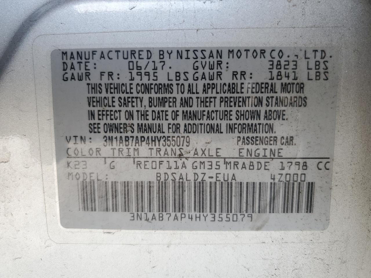 3N1AB7AP4HY355079 2017 Nissan Sentra S